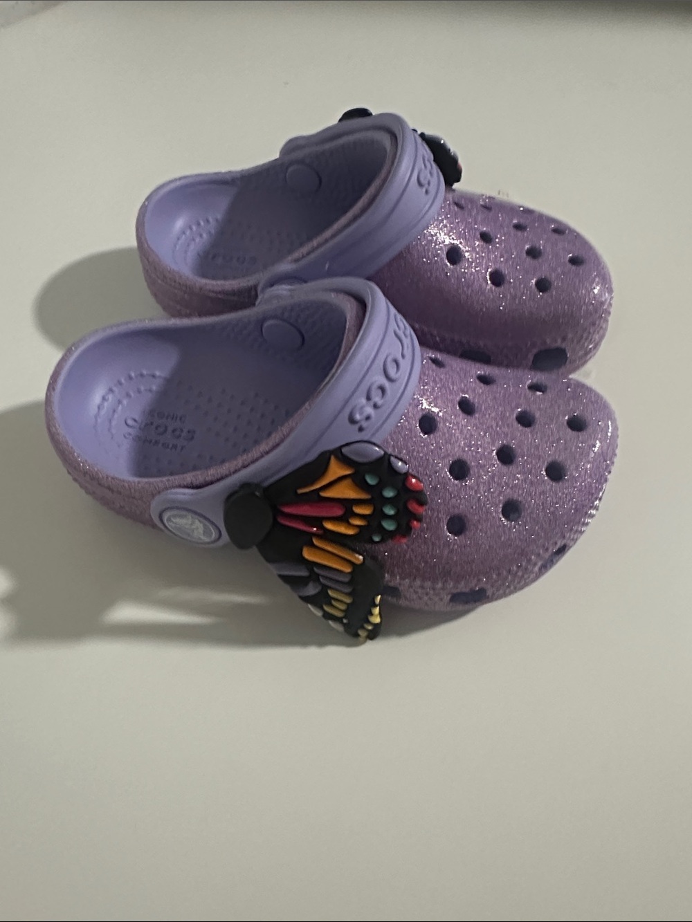 CROCS Kids' Glitter Lavender Clogs with Colorful Butterfly Charm